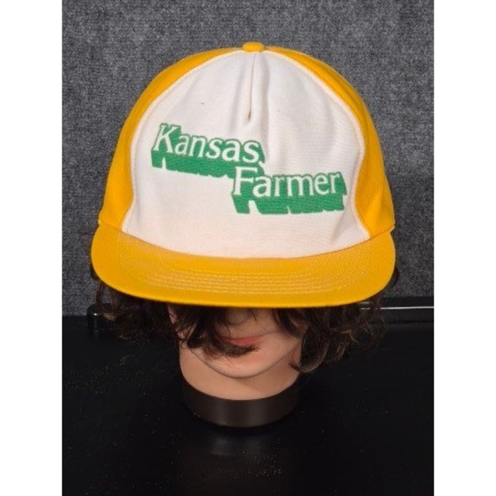 Vintage‎ Kansas Farmer Trucker Hat Yellow White Snapback Mesh Cap Agriculture
